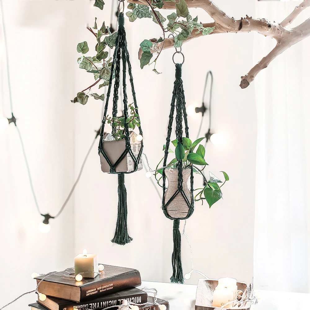 

Hand-woven Macrame Cotton Rope Flower Pot Hanging Basket Net Bag Knotted Rope Flowerpot Plant Holder Home Balcony Garden Decor