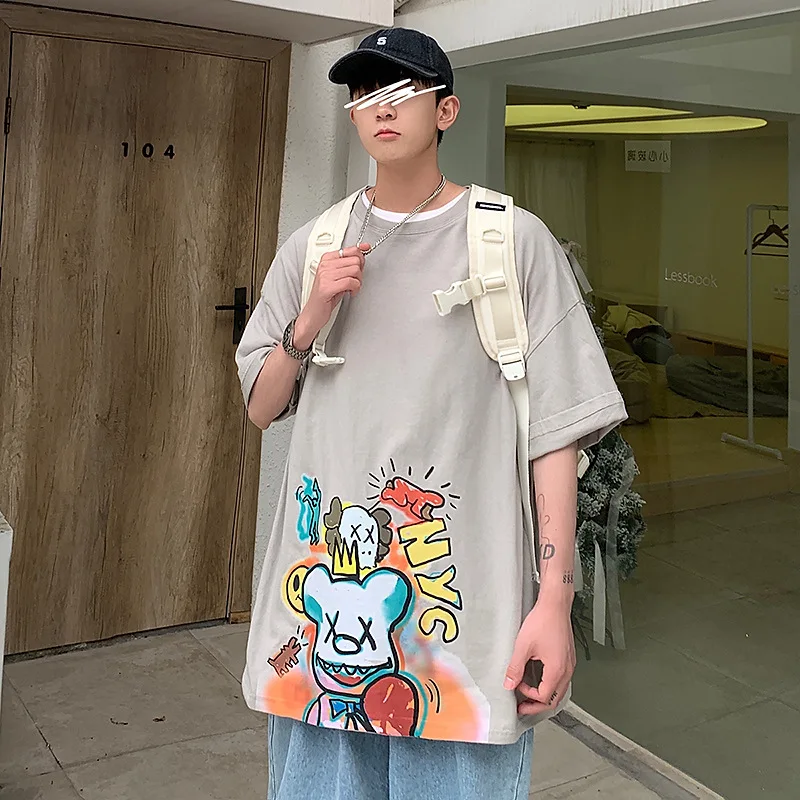 

Japanese Style Hong Kong Style Brand Kawas Doll Short-sleeved Men's T-shirt Cartoon Anime Graffiti Printing Oversize Couple Top
