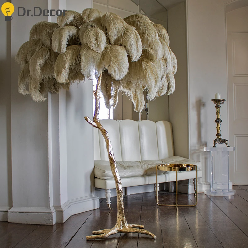 

Nordic Decoration Home Ostrich Feather Floor Lamp Dress Copper Brass Resin Standing Lamps for Living Room Villa Tripot Lighting