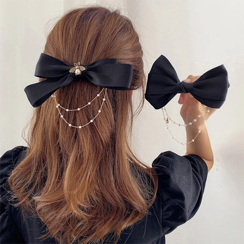 

Solid Color Vintage Chain Bow Hairpin Elegant Temperament Hairpin Pearl Chain Side Clip Ladies Crystal Bee Hair Accessories