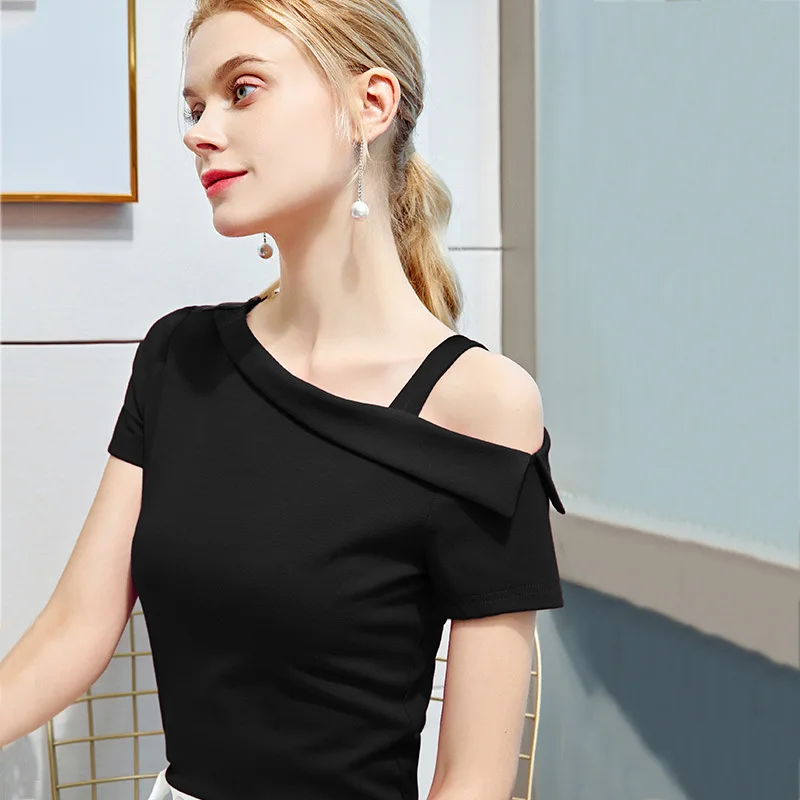 

Slant shoulder t summer new Xinji top sexy exposed clavicle fashion design Female Minority short sleeve t-shirt female