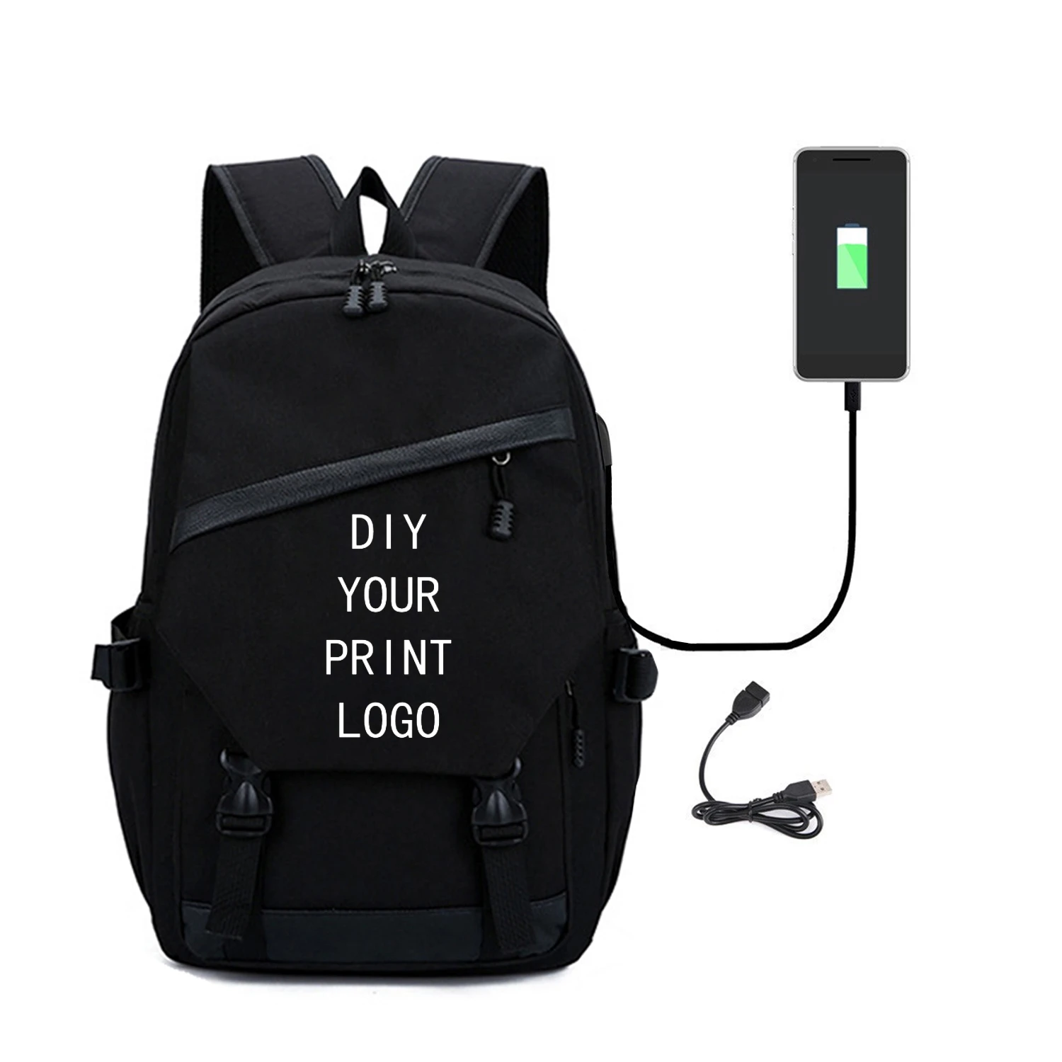 Fashion DIY Logo Printing Backpack Package Usb Student A Bag Black Leisure Time Travel Backpack Customized Canvas Bag