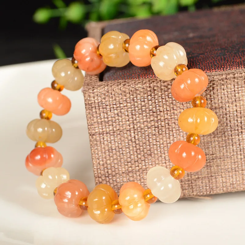 Natural Color Jade 10MM Pumpkin Beads Bracelet Jadeite Jewelry Fashion Charm Accessories Hand-Carved Lucky Amulet Gifts Women
