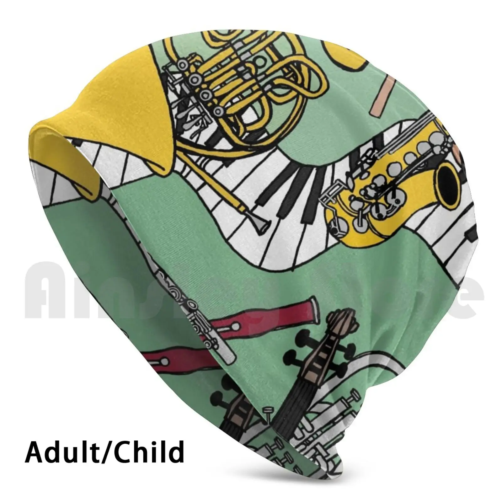 

Solid Green Musical Instrument Collage Beanies Pullover Cap Comfortable Percussion Music Ed Piano French Horn Trumpet