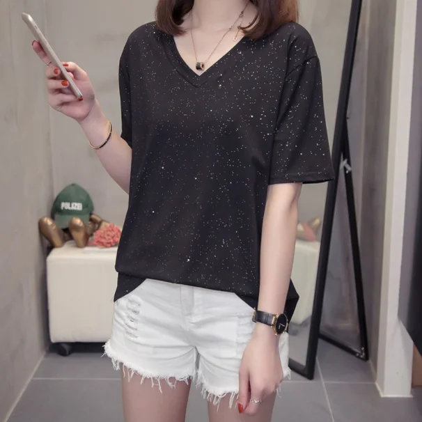Plus Size Shining Woman Tshirts Summer Vogue V Neck Female T-Shirts Short Sleeve Tops Oversized T Shirt Night Sky Design DA823 | Женская