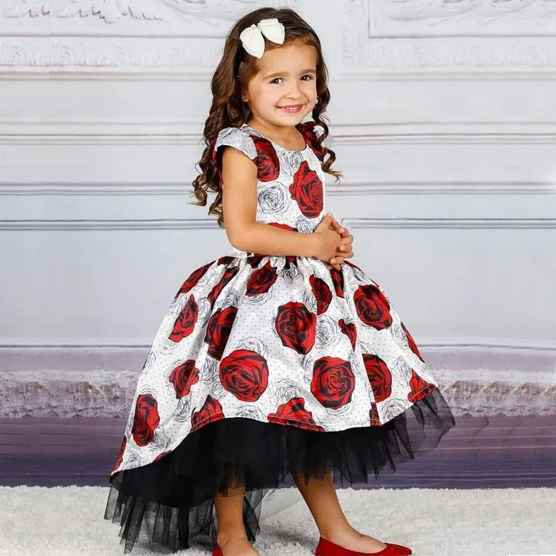 3 4 5 6 7 8 9 10 Years Baby Birthday Dress Girl Christmas Party Elegant Floral Print Lace Tail Prom Princess Clothes | Детская одежда и