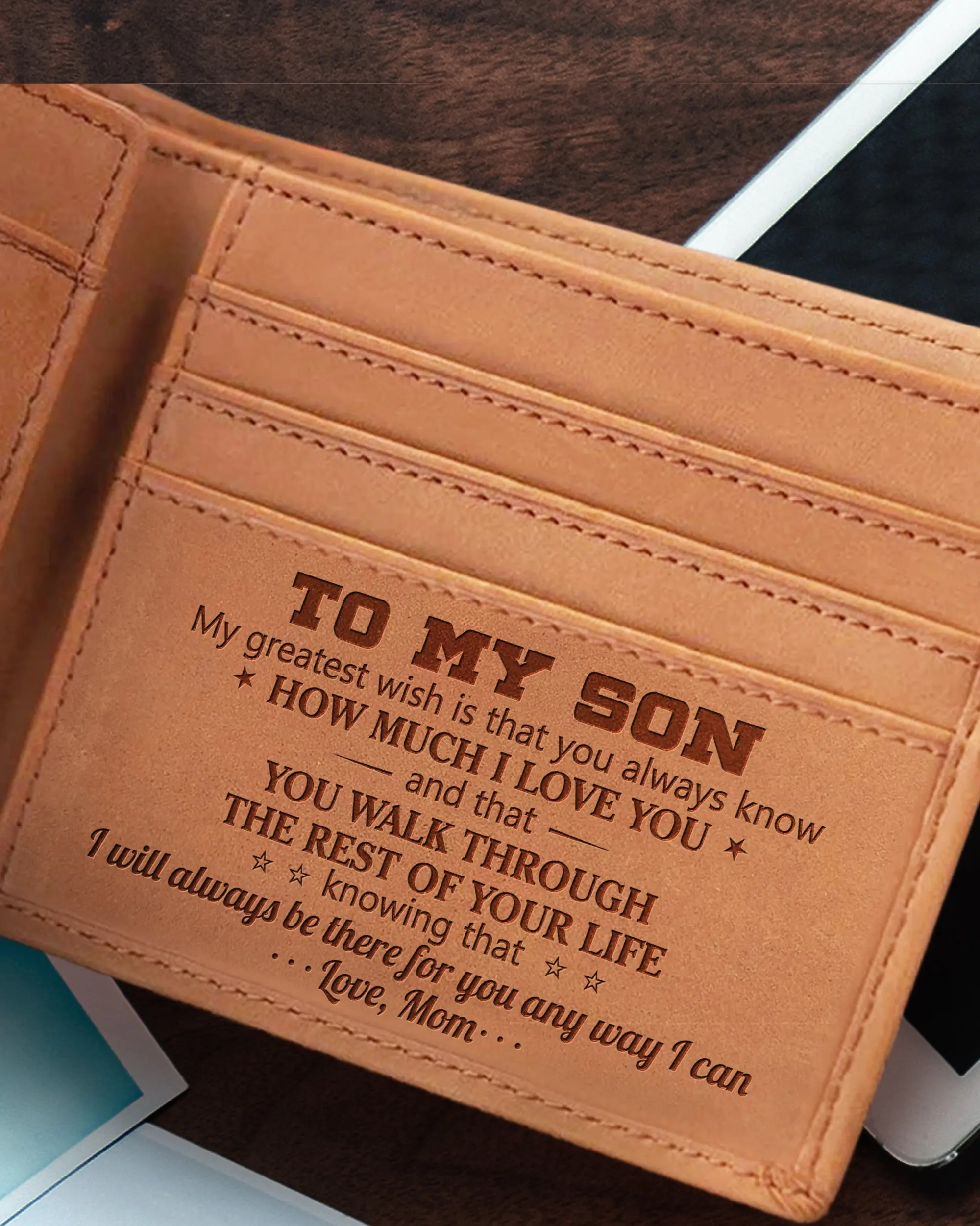 Cartera con grabado de mam&aacute; a hijo, billetera con env&iacute;o directo, regalos de cumplea&ntilde;os y Navidad-3
