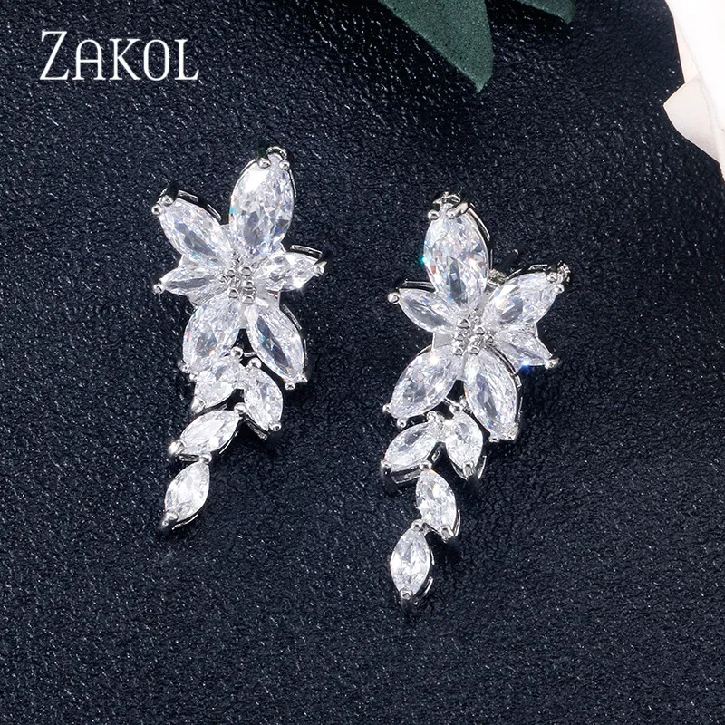 ZAKOL, модные, листовой циркон, висячие серьги для женщин, белое золото, цвет кристалл, свадебные серьги, свадебные ювелирные изделия, подарок brinco FSEP167A