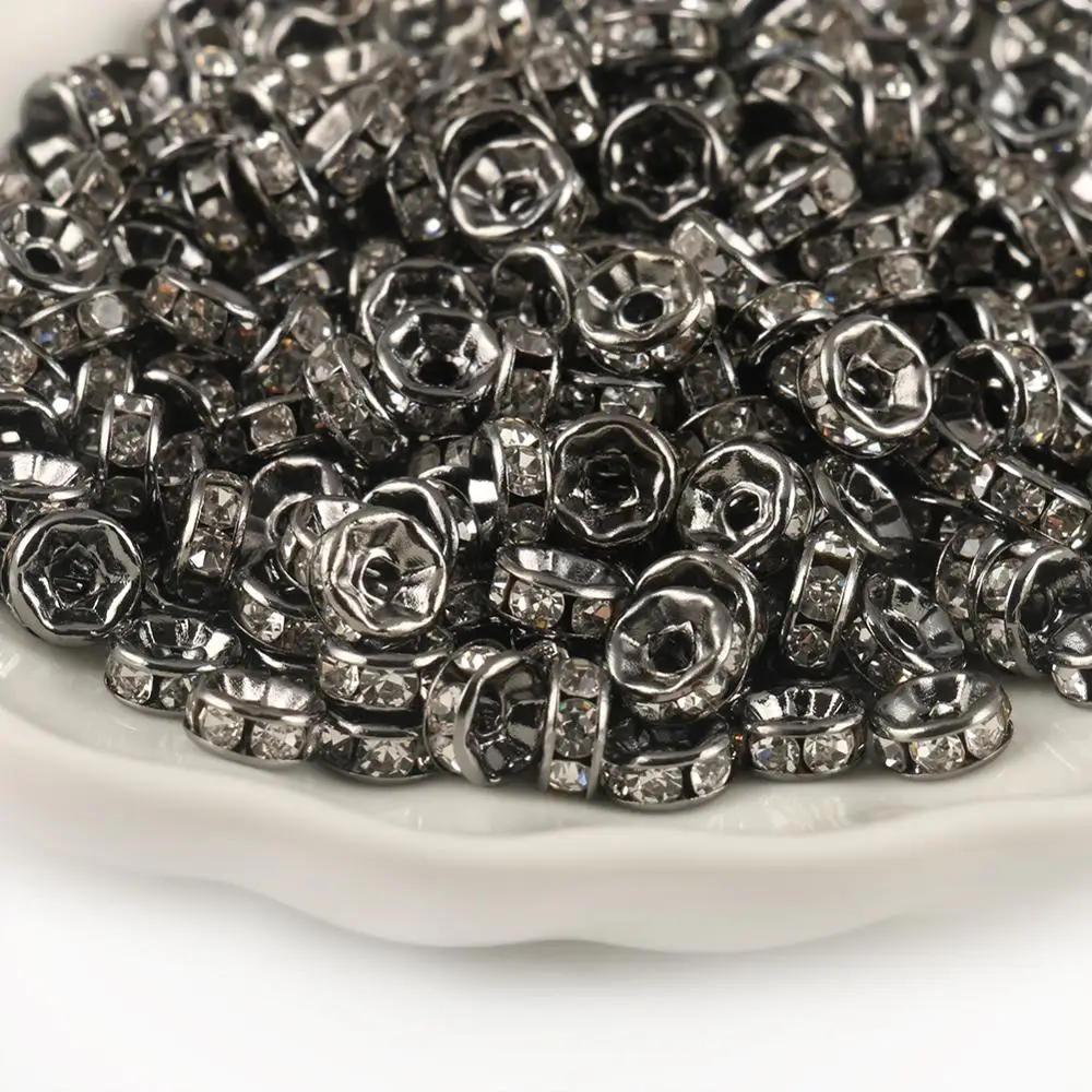 

100pcs/lot Gun Black Rhinestone Rondelles Crystal Bead 4/6/8/10mm Loose Spacer Beads for DIY Jewelry Making Accessories Supplie