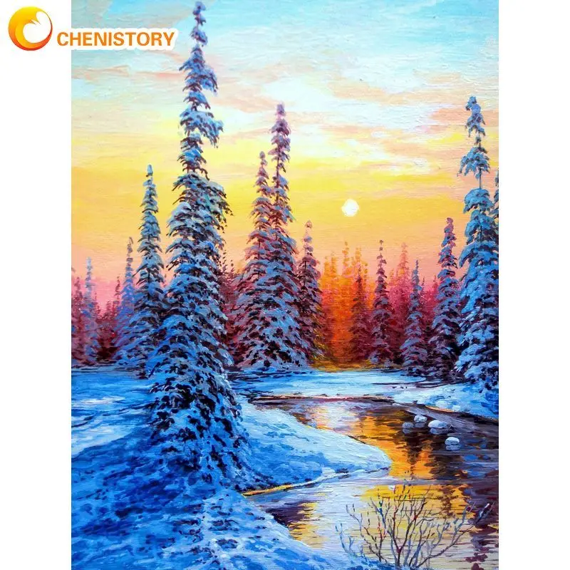 

CHENISTORY 60x75cm Frame DIY Painting By Number Snow Sunset Picture By Numbers Handpainted Acrylic Paint On Canvas For Home