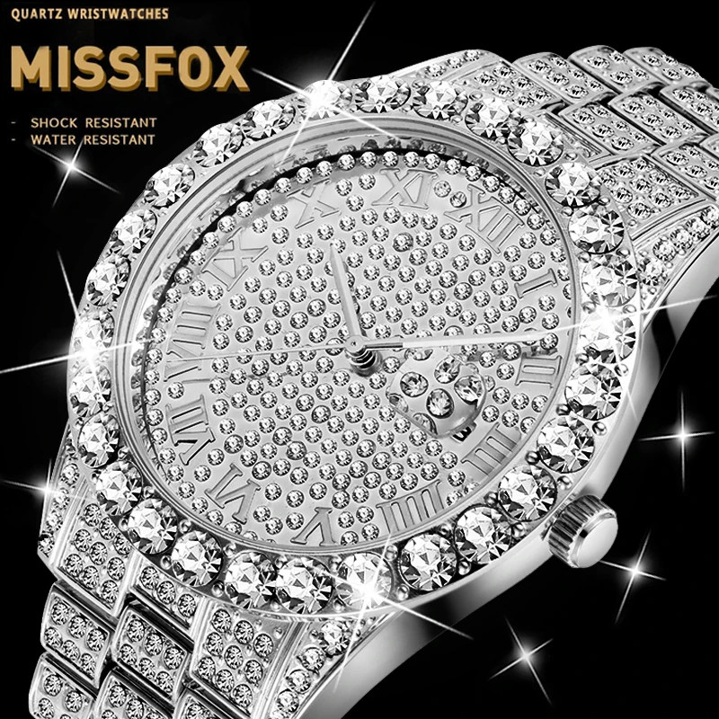 

Прямая поставка, мужские часы MISSFOX, кварцевые наручные часы, мужские роскошные часы в стиле хип-хоп, мужские часы с бриллиантами и подарочной...