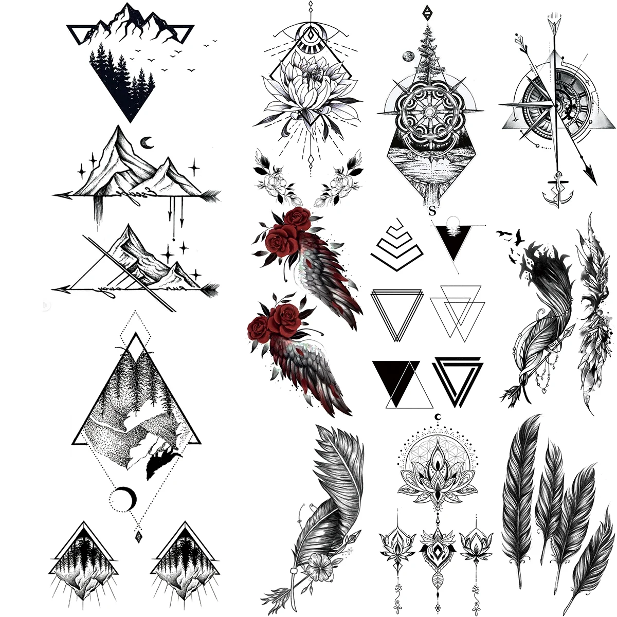 Geometric Forest Mountain Temporary Tattoos For Men Women Feather Rose Flower Compass Fake Tattoo Body Art Washable Tattoo Decal