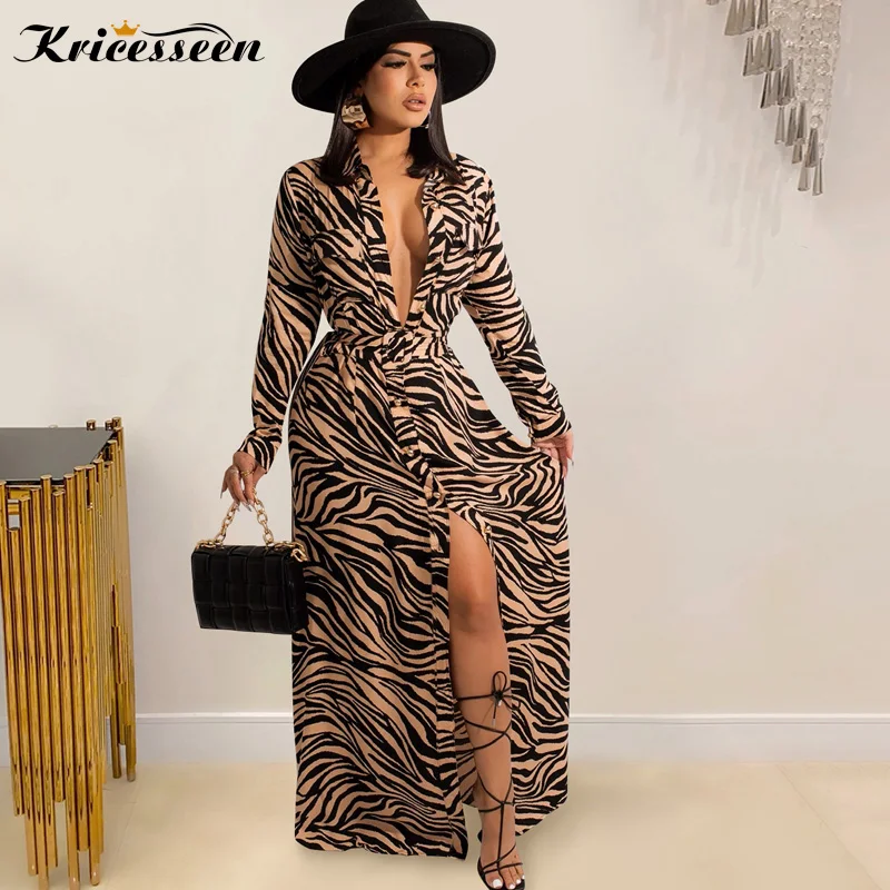 

Kricesseen Sexy Print Bandage Maxi Dress With Sashes Women Long Sleeve High Slit Bodycon Party Clubwear Long Dress Vestidos
