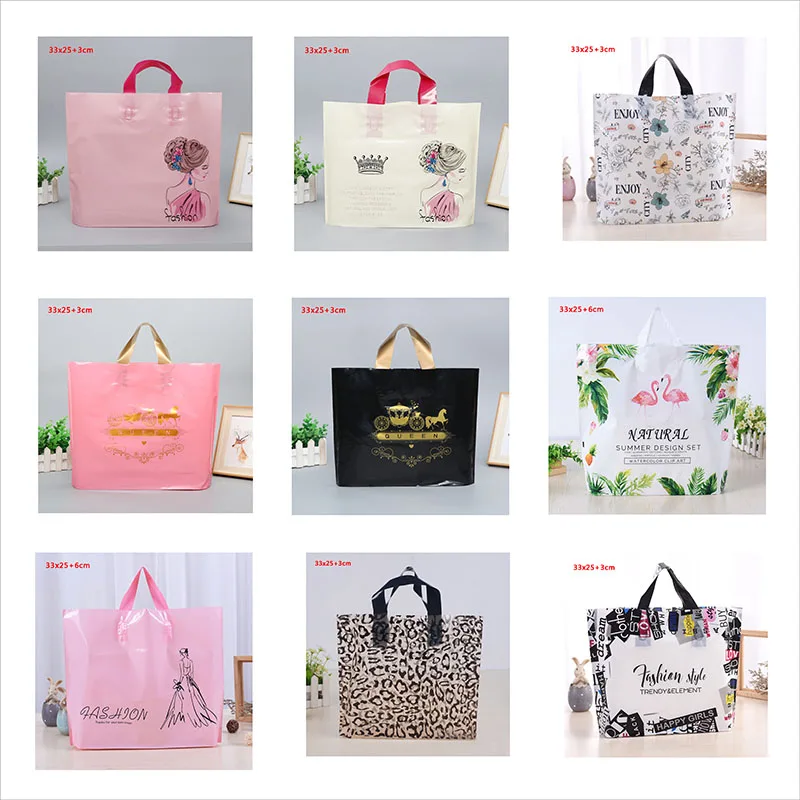 

Thick Large Plastic Shopping Bags Thick Boutique Gift Clothing Packaging Plastic Gift Bag With Handle 10pcs Multiple Patterns