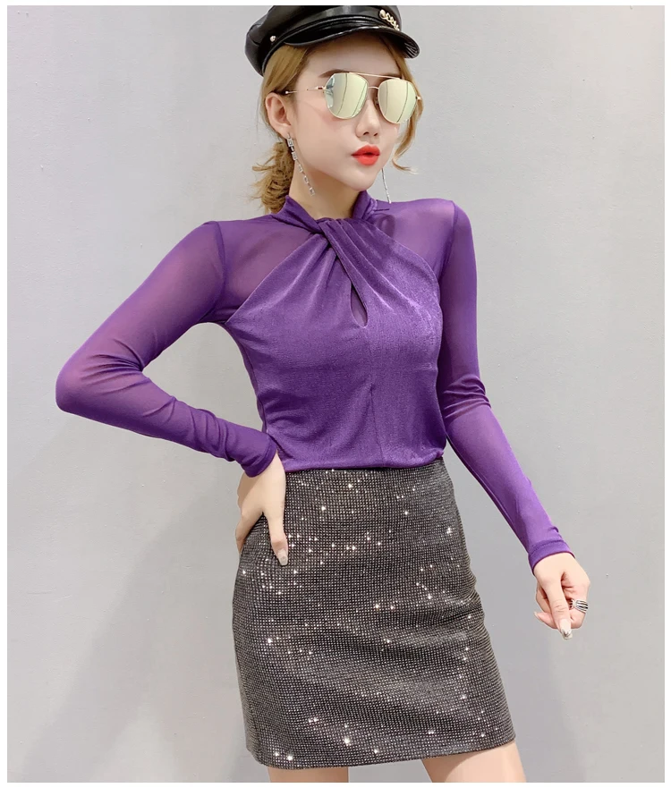 Chemisier Femme, новинка, сетчатая однотонная женская блузка с длинным рукавом, топы, повседневная приталенная рубашка с круглым вырезом, женская одежда, осень 7300 50