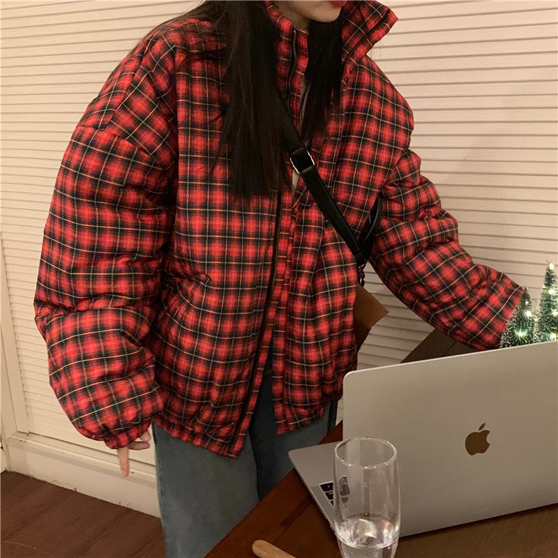 

Vintage Red Plaid Long Sleeve Warm Padded Jacket For Women Winter Stand Collar Loose Cotton Padded Jacket Lady Quilted Outwear