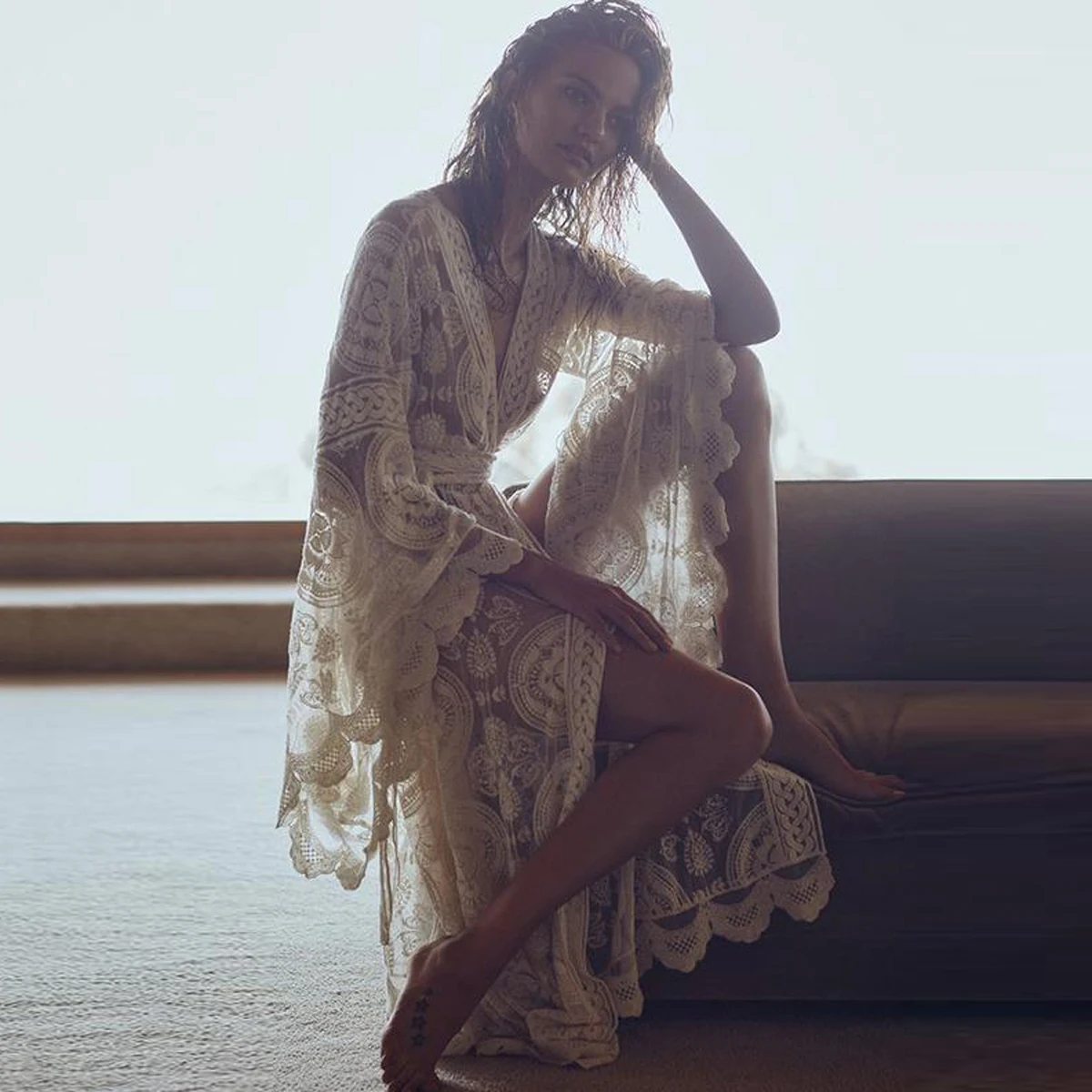 Летнее кимоно с мантрой мандалы кружевная Пляжная накидка в стиле бохо длинный