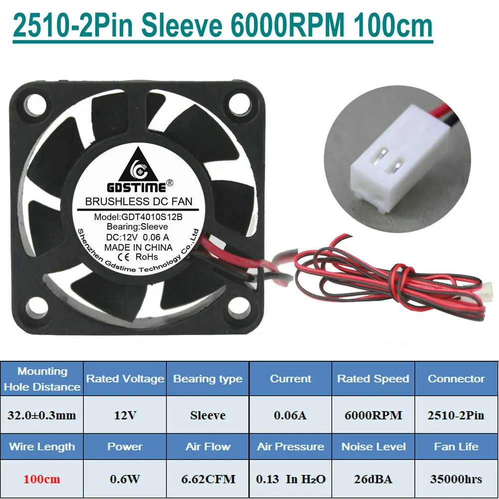 10 штук в партии Gdstime DC 12V 2Pin 4 см 40x40x10 мм 40 мм 4010 маленький Бесщеточный Охлаждающий вентилятор - Цвет лезвия: 2510 Sleeve 100cm