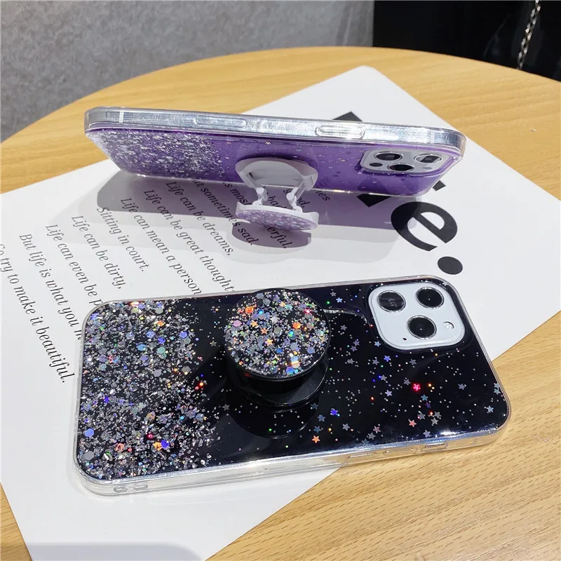 

Glitter TPU Phone Case Anti-fall Fold Bracket Soft Shell Protective Cover For iPhone 12 Mini 11 Pro XS Max XR X SE 2 8 7 6S Plus