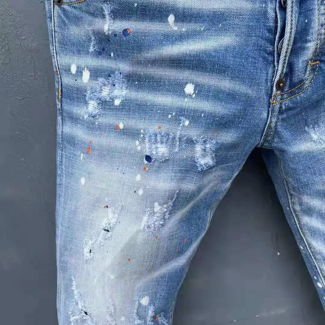2021 Spring/Summer DSQUARED2 Men's/Women's Jeans Fashion Washed Water Frayed Hole Patches Micro-Elastic Ink Splashing Pants 058