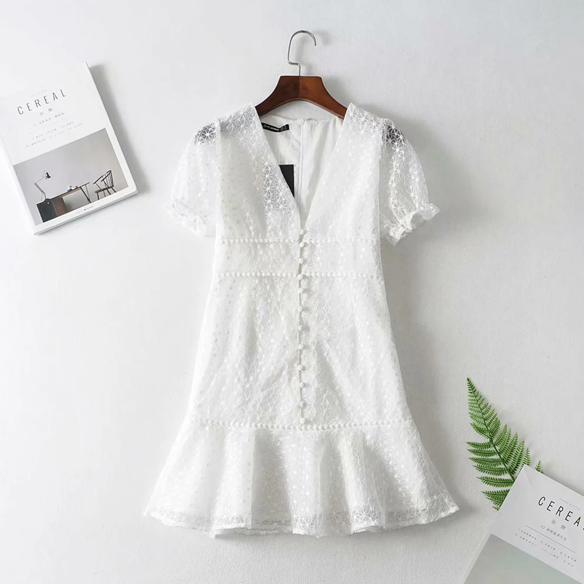 Кружевное мини платье Jastie с коротким рукавом и V образным вырезом|Женские платья|