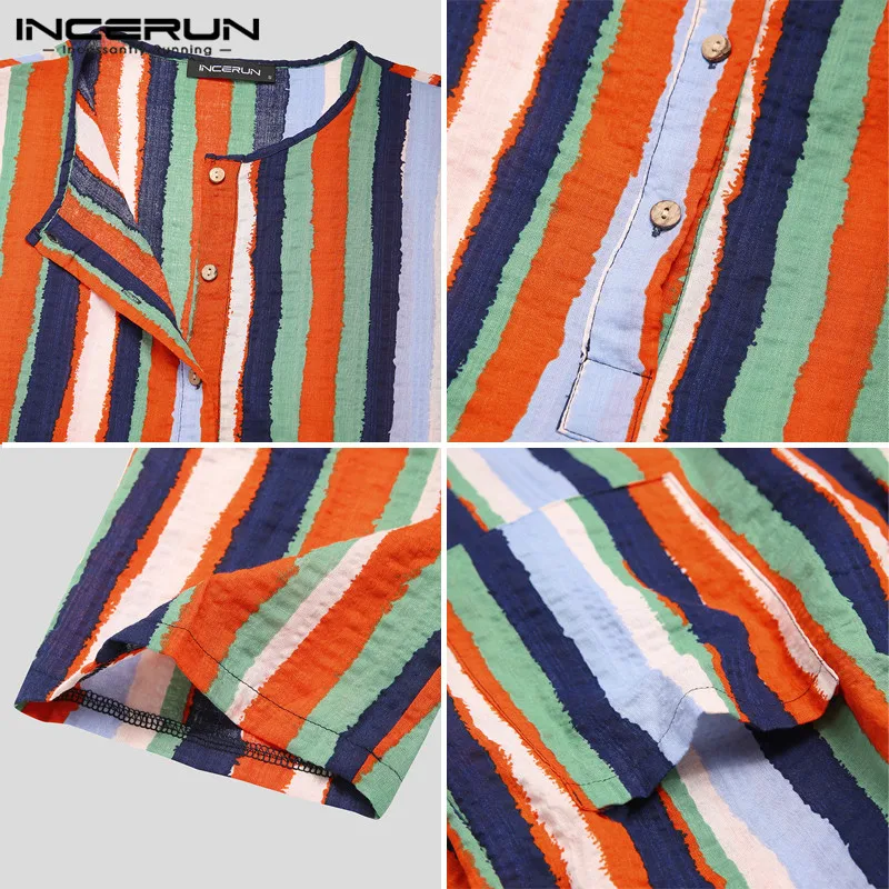 

INCERUN Striped Muslim Kaftan Men Islamic Arabic Casual Robe Cotton Long Sleeve Pockets Dubai Caftan Middle East Men Jubba Thobe