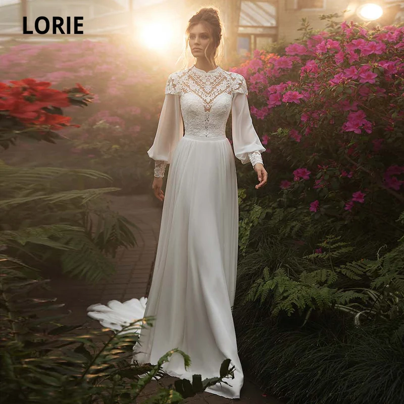 

LORIE Arabic Wedding Dresses with Long Puffy Sleeve Appliques Lace Bohemian Bridal Gowns Chiffon Boho vestido de noiva 2020