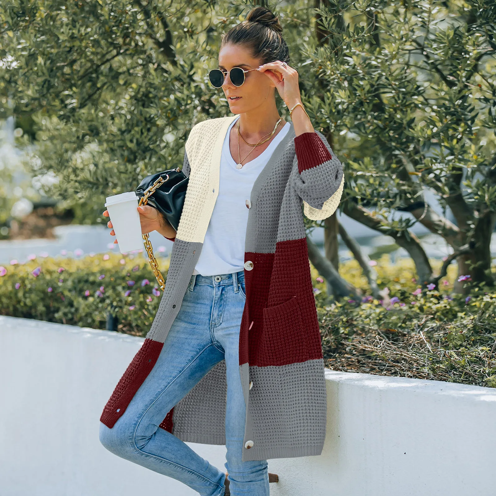 

22 Mid-length Knit Cardigan Sweater Jacket Women Elegant Long Sleeve Hollow Button Cardigan Top Casual Loose Pocket Cardigan