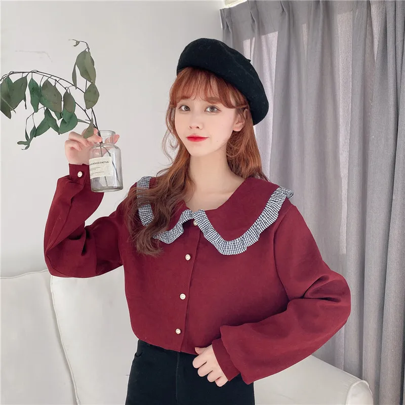 

Korean Sweet Style Spring Autumn Loose Shirts Peter Pan Collar Women's Clothing Blouses Bow Long Sleeve Tops New Female