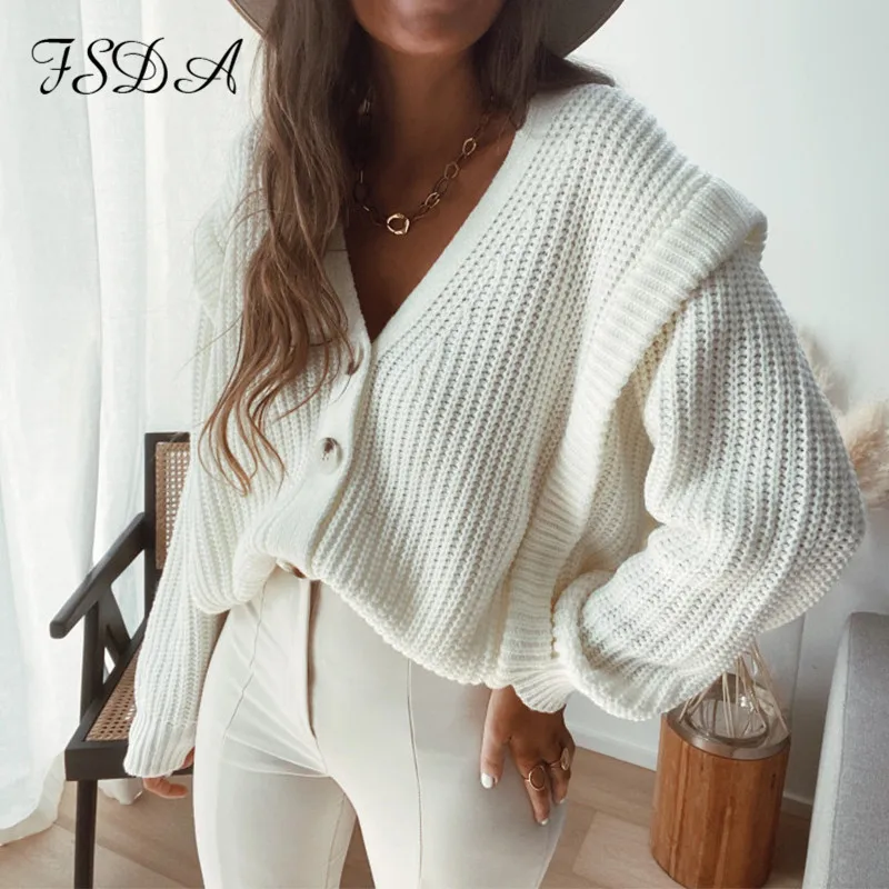 FSDA белый женский кардиган с v образным вырезом Осень зима длинный рукав свободная