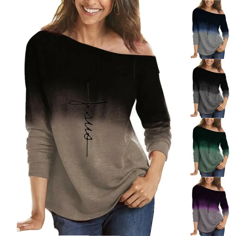 

Plus Size Womens Baggy Casual Letter Printed Baggy Blouse Tops Long Sleeve T Shirt