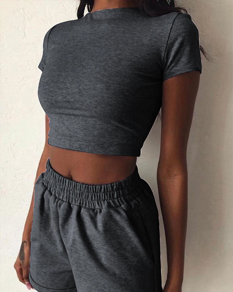 

2 Piece Set Women Summer O-Neck Casual Crop Top 2021 Female Clothing Tracksuit Pockets Loose Shorts Two Piece
