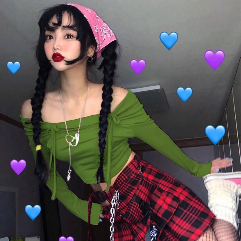 Облегающий укороченный топ с бантом и открытыми плечами зеленая тонкая женская