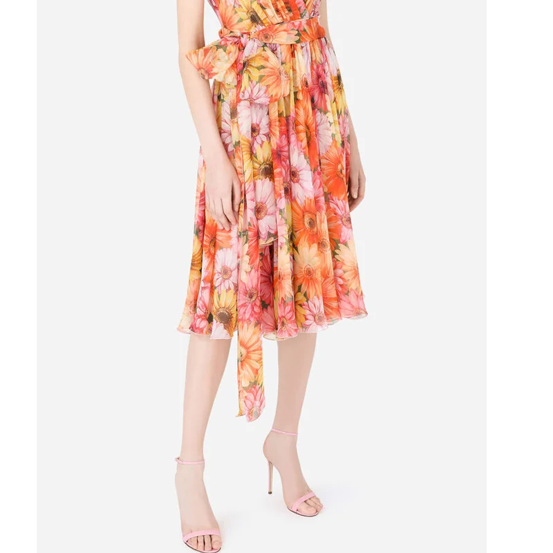 

Runway Summer Sunflower Print Party Tank Dress Women Elegant Sexy V-Neck Sleeveless Midi Long Party Chiffon Vestidos 6092
