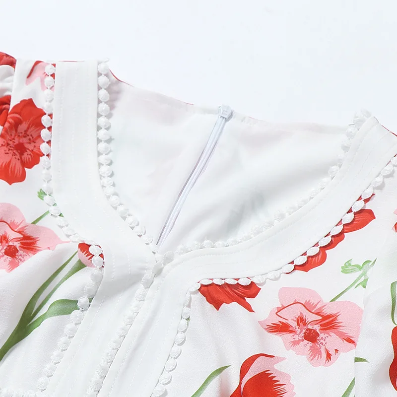 

Fashion Designer Summer Dress 2020 Women's Elegant V neck Short Sleeve Floral Printed Tunic Twill Midi Dress For Vacation