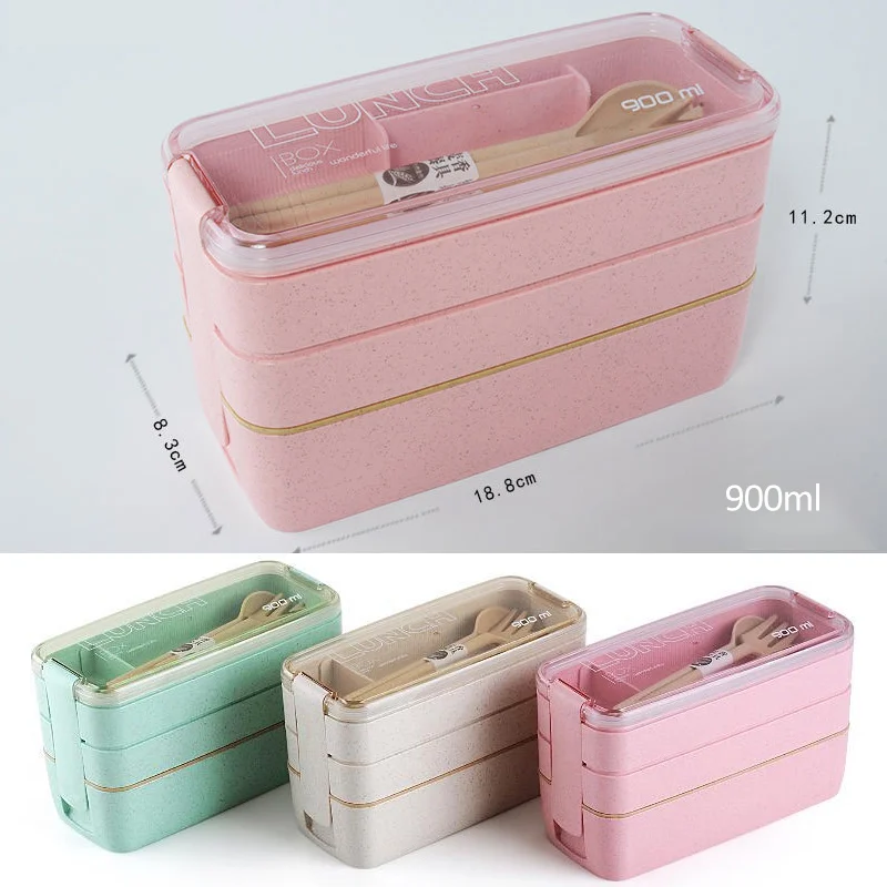

3 Layers Home Lunch Box Eco-Friendly Wheat Straw Kitchen Tool Containers Microwave Dinnerware Food Leakproof Lunchbox