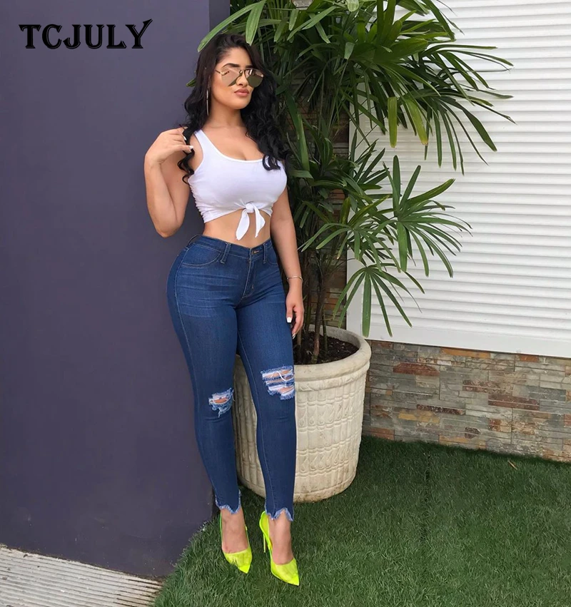 TCJULY новый дизайн потертые рваные джинсы для женщин с карманами узкие пуш-ап