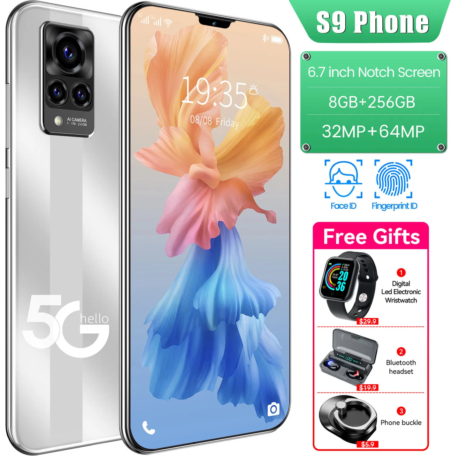 

Galay S9 2021 Global Smartphone MT6889+ 10Core 5G Mobile Phone 8+256G 32MP+64MP 6.7Inch 1200*2640 6000MAH Face ID Android 11