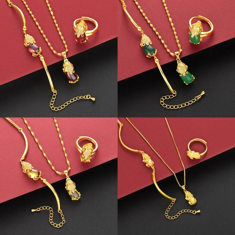 

24K Gold-plated Color Jewelry Set Sand Gold Red Green Yellow Agate Brave Ring Necklace Bracelet Necklace Set Three-piece Jewelry