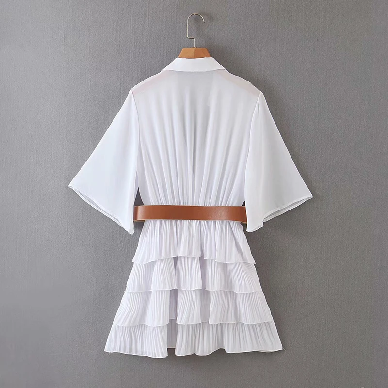 

SWEETKAMASummer Fashion Turn-Down Collar Women's Fitted Belt Pleated Mini Dress