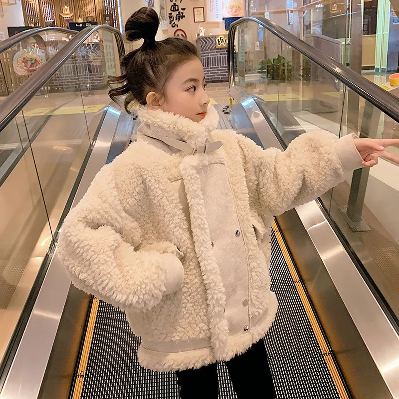 

Spring Winter Girl Fur Coat Jackets Warm Clothing Kids Teenage Children Tops Plus Cashmere Cardigan Straight Cuffs Beige Brown