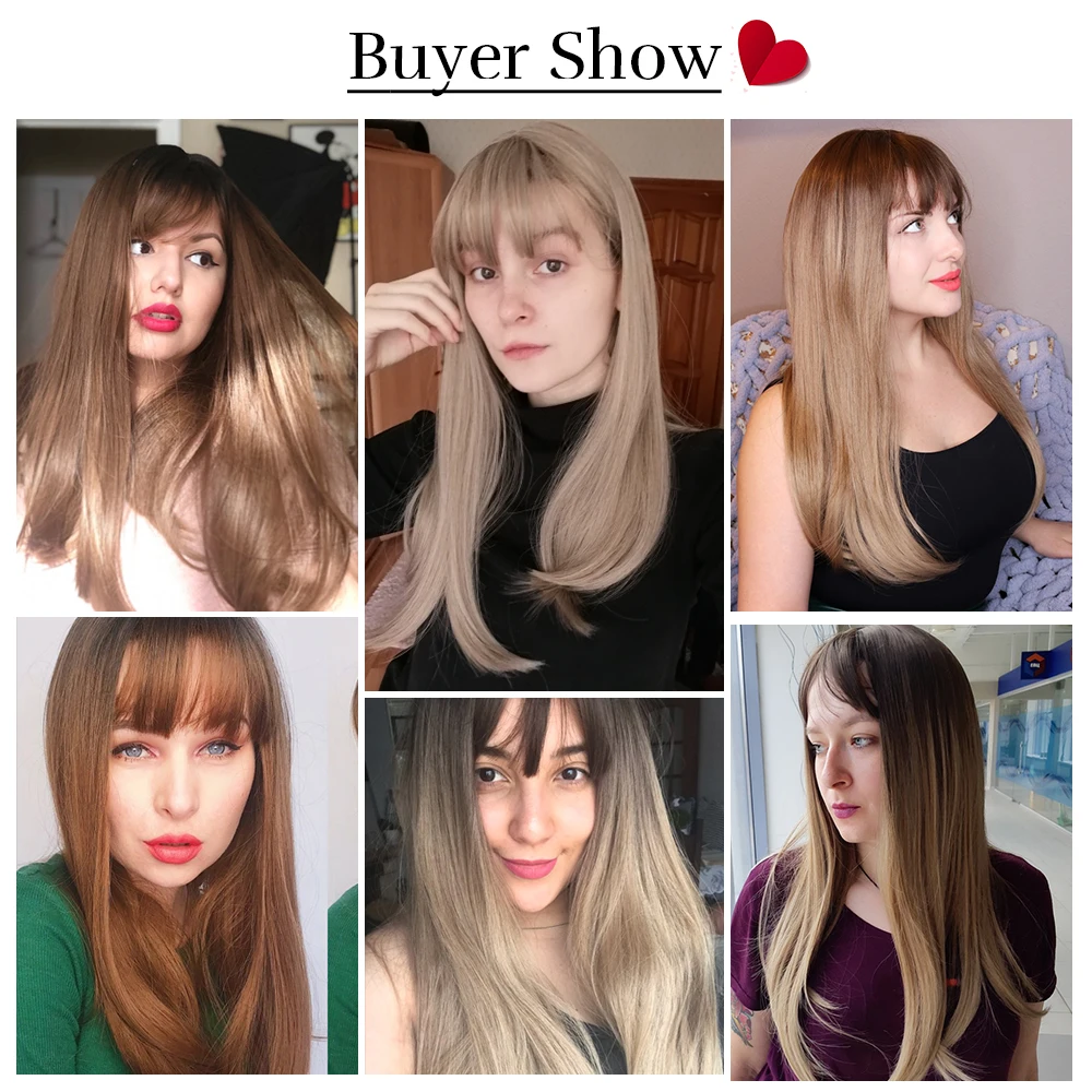 

JONRENAU Long Straight Heat Resistant Hair Synthetic Black Root Ombre Blonde Brown Wig with Bangs for White/Black Women