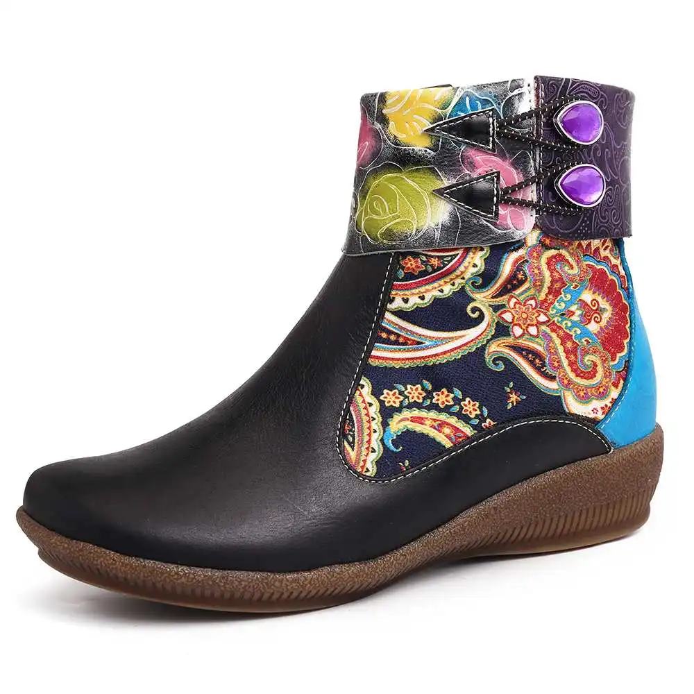 SOCOFY botas mujer; удобные черные ботильоны из натуральной кожи на плоской подошве в стиле ретро с рисунком розы; женская обувь на каблуке; вечерние зимние ботинки; коллекция года - Цвет: Черный