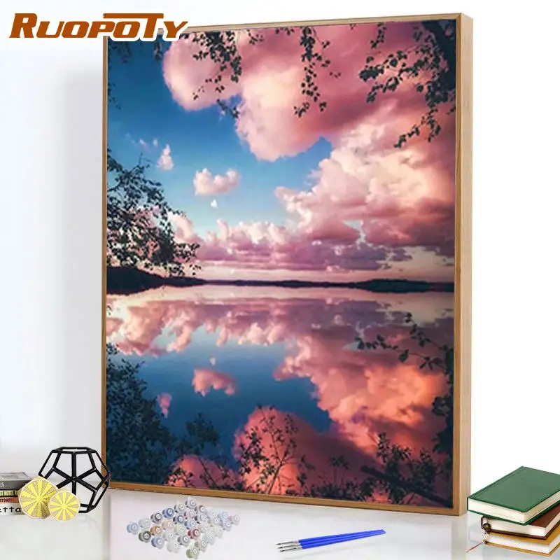 

RUOPOTY 40*50cm Painting By Numbers Sky and rive Picture Colouring HandPainted Paints DIY Gift Living room wall decor