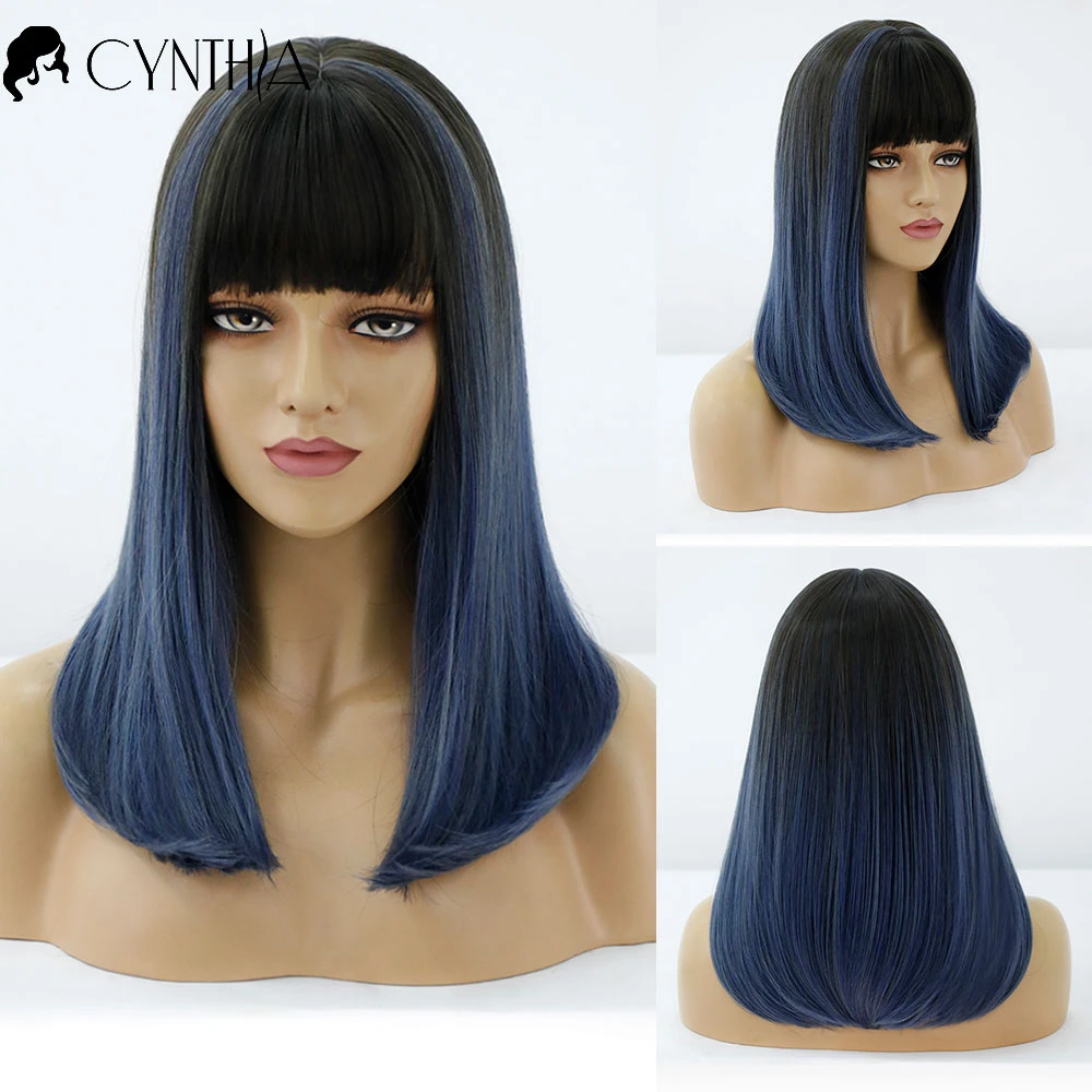 

Парик для чернокожих и белых женщин, прямые синтетические волосы с эффектом омбре, с челкой, для косплея, из натурального термостойкого волокна