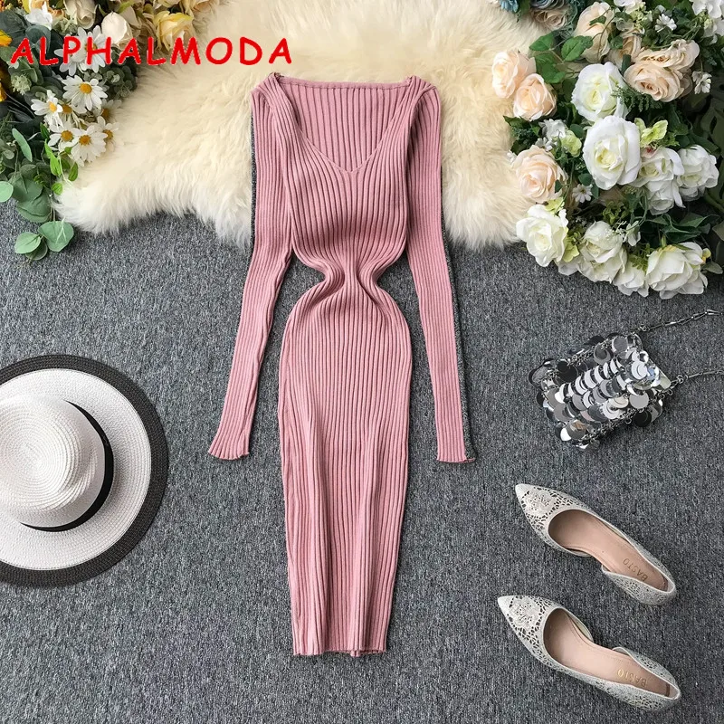 Женское трикотажное платье ALPHALMODA с глубоким V образным вырезом и длинными