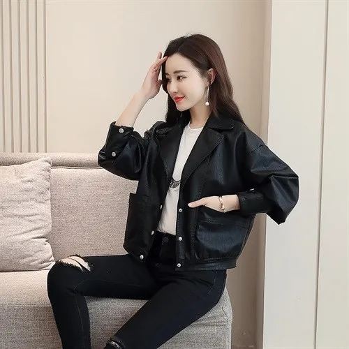 Продано свободные карманы Корейская одежда куртка женская PU Кнопка отложной