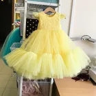 Желтые пышные платья для девочек, детская одежда, бальное платье с круглым вырезом, Детский костюм длиной ниже колена для маленьких девочек