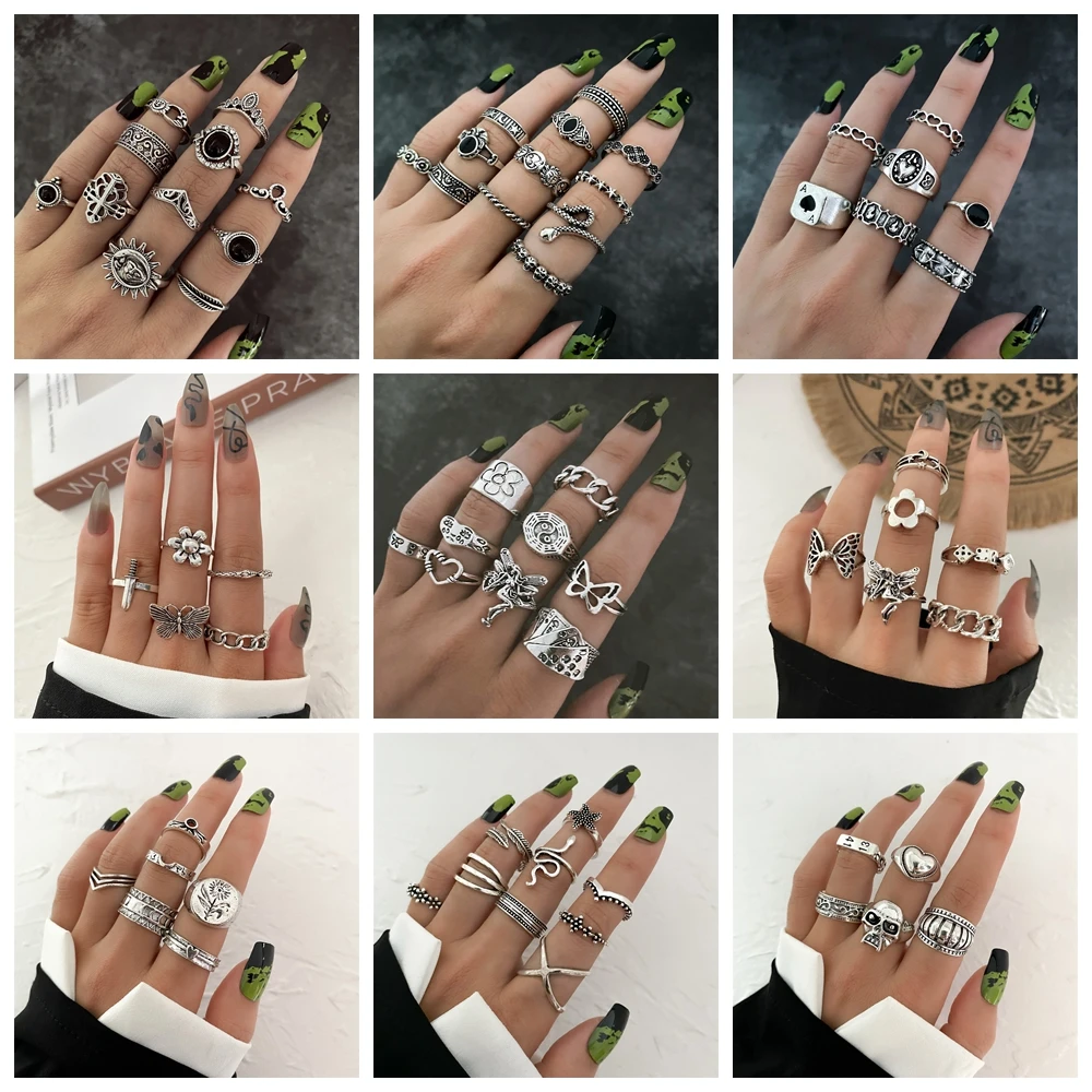 Набор колец с сердечком в стиле панк готическом для женщин черные кости