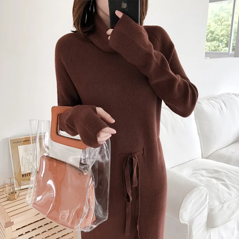 

Women Turtleneck Sweaters Dress New Autumn Winter Casual Lace Up Knitted Dresses Ladies Long Sleeve Soft Black Dress Vestidos